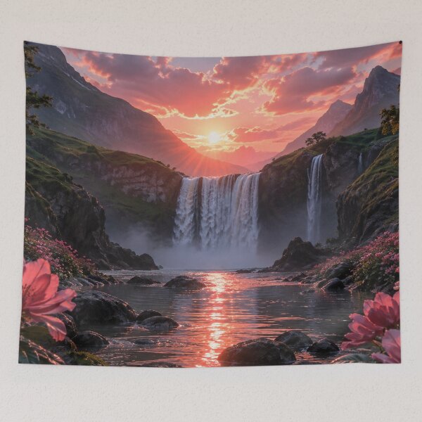 Item preview, Mountain Waterfall at Sunset with Pink Blossoms and Reflective River designed and sold by Wild Bloom Paws.