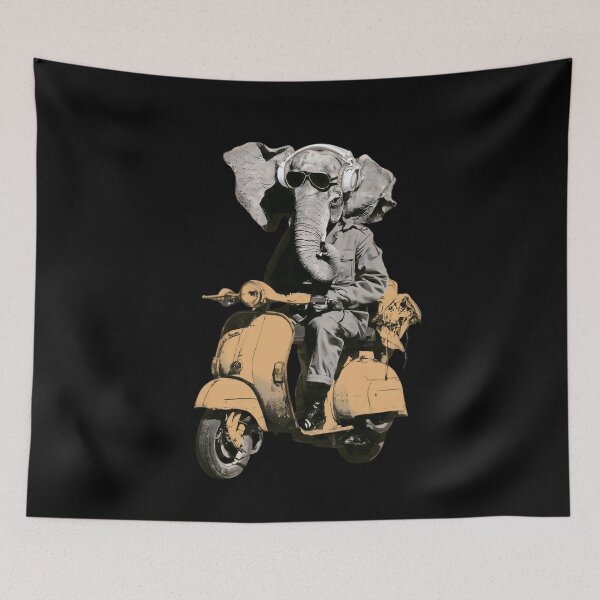 Item preview, Cool Elephant with White Headphones Riding Orange Scooter Vintage Art designed and sold by PANNARUK THAILAND.