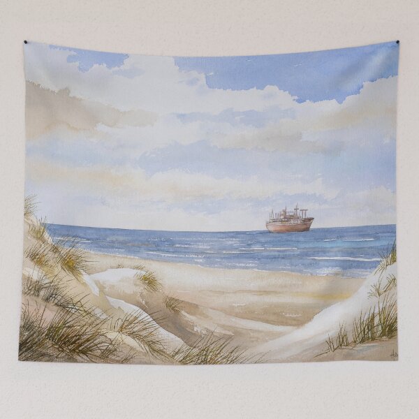 Item preview, View of the beach of the Dutch Wadden Island of Texel with a cargo ship at sea  designed and sold by Stef Ringoot, cartoons and illustrations.