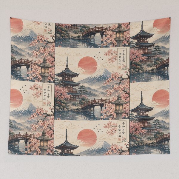 Item preview, Japanese Sakura Landscape – Mount Fuji & Pagoda Vintage Art  designed and sold by LunaVales.