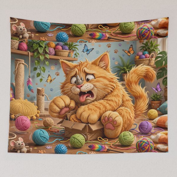 Item preview, Funny Fluffy Orange Cat in Tiny Box | Whimsical Cartoon Animal Art designed and sold by TreatLLC.