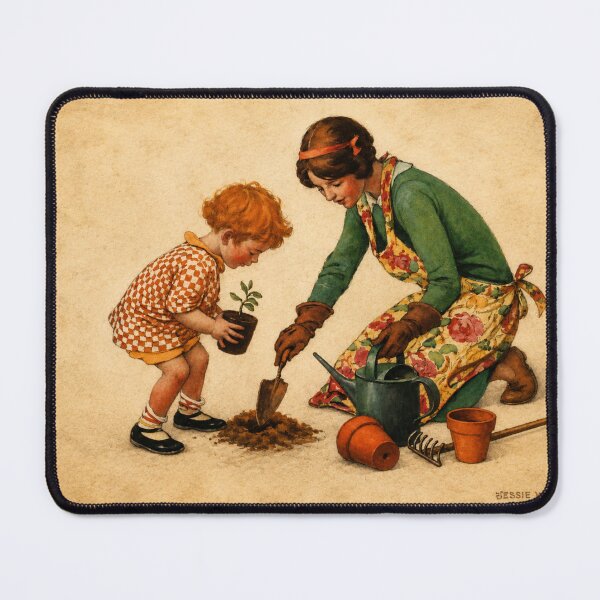 Item preview, Mother and Daughter Gardening  by Manuel Orazi - Vintage Gardening Illustration Children Planting Garden Wall Art designed and sold by RickE.