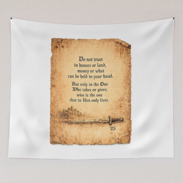 Item preview, Trust in God Medieval Parchment Art, Christian Faith Quote with Castle and Sword, Inspirational Gothic Wall Decor and Apparel Design designed and sold by TerScott.