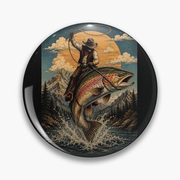 Item preview, Cowboy Riding a Giant Rainbow Trout Retro Fishing designed and sold by SOUFIANE1991.
