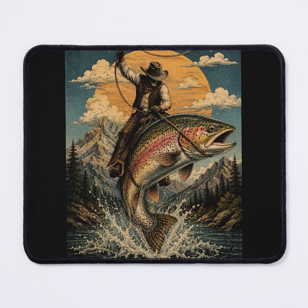 Item preview, Cowboy Riding a Giant Rainbow Trout Retro Fishing designed and sold by SOUFIANE1991.