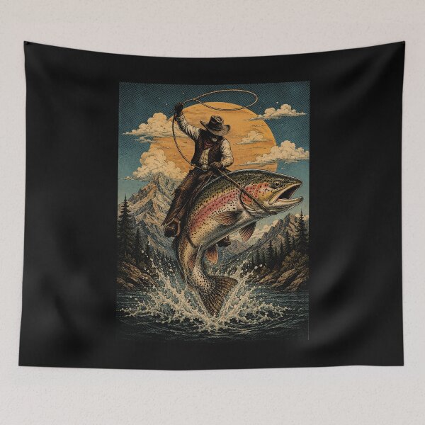 Item preview, Cowboy Riding a Giant Rainbow Trout Retro Fishing designed and sold by SOUFIANE1991.