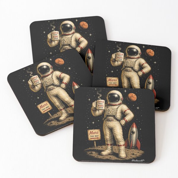 Item preview, Coffee First, March Later | Vintage Astronaut Pop Art by Plushiworldtm designed and sold by PLUSHIWORLDtm.