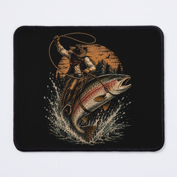 Item preview, Cowboy Riding a Giant Rainbow Trout Retro Fishing designed and sold by SOUFIANE1991.