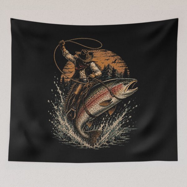 Item preview, Cowboy Riding a Giant Rainbow Trout Retro Fishing designed and sold by SOUFIANE1991.