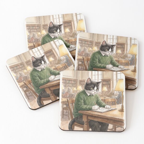 Item preview, Academic cat studying in the library, watercolor style, cozy designed and sold by TheCoolCatsMx.
