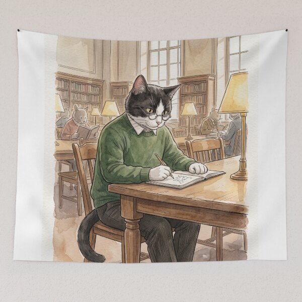 Item preview, Academic cat studying in the library, watercolor style, cozy designed and sold by TheCoolCatsMx.