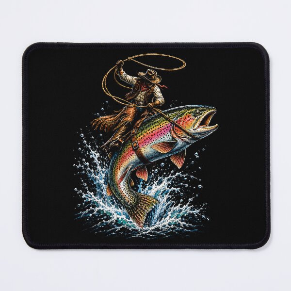 Item preview, Cowboy Riding a Giant Rainbow Trout Retro Fishing designed and sold by SOUFIANE1991.