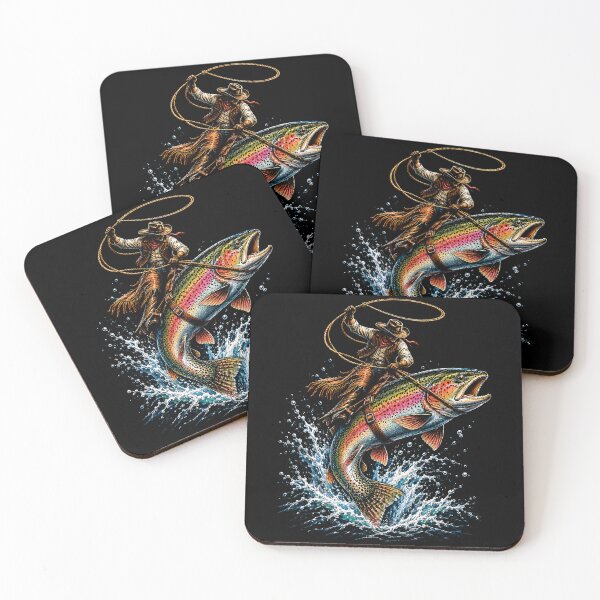 Item preview, Cowboy Riding a Giant Rainbow Trout Retro Fishing designed and sold by SOUFIANE1991.