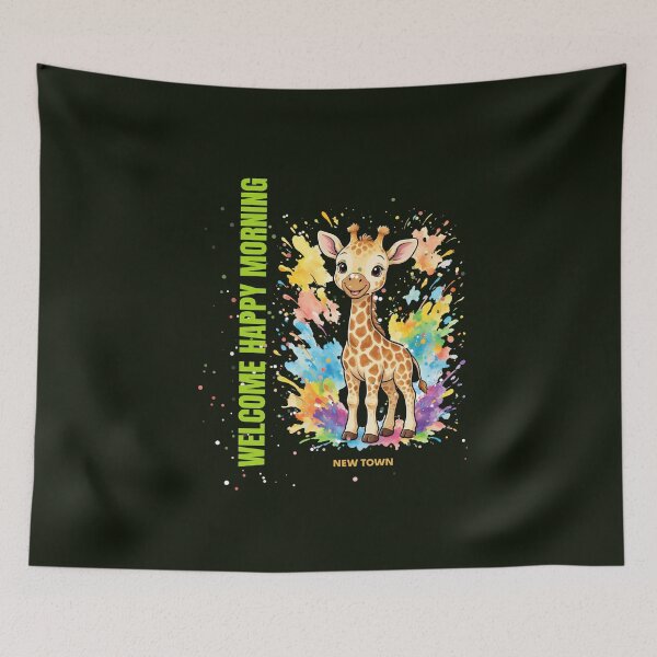Item preview, Baby giraffe with watercolor splashes with the phrase "Welcome Happy Morning" designed and sold by DVerse Studio.