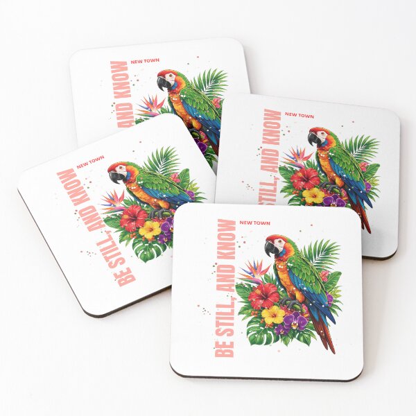 Item preview, Colorful parrot perched on tropical flowers with the phrase "Be Still, and Know" designed and sold by DVerse Studio.
