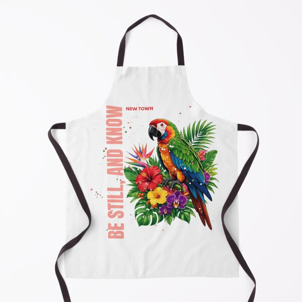 Item preview, Colorful parrot perched on tropical flowers with the phrase "Be Still, and Know" designed and sold by DVerse Studio.