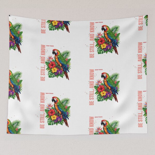 Item preview, Colorful parrot perched on tropical flowers with the phrase "Be Still, and Know" designed and sold by DVerse Studio.