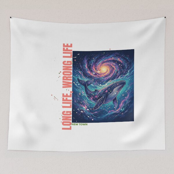Item preview, Whale swimming beneath a galaxy with the phrase "Long Life, Wrong Life designed and sold by DVerse Studio.