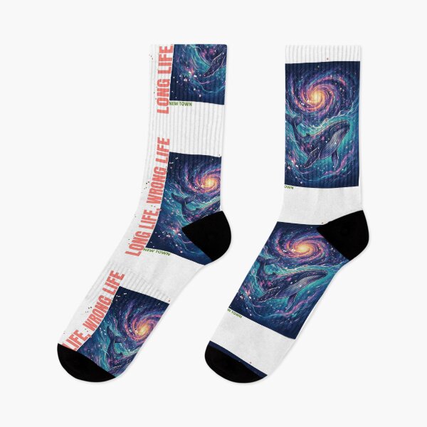 Item preview, Whale swimming beneath a galaxy with the phrase "Long Life, Wrong Life designed and sold by DVerse Studio.