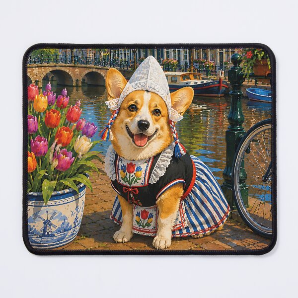 Item preview, Corgi sitting by a canal in Amsterdam designed and sold by Nomad-Paws.