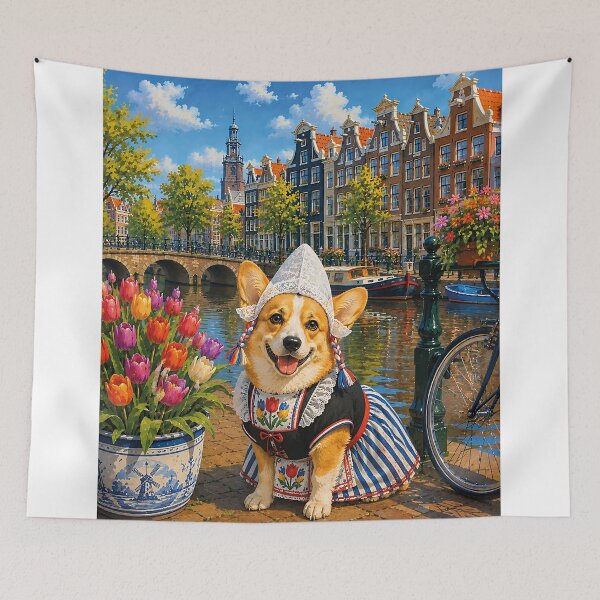 Item preview, Corgi sitting by a canal in Amsterdam designed and sold by Nomad-Paws.