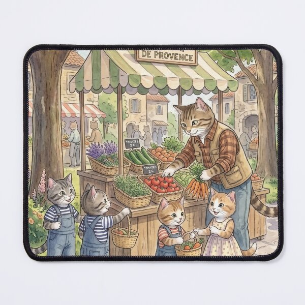 Item preview, Watercolor illustration of a rustic market with cute cats in a cozy style designed and sold by TheCoolCatsMx.