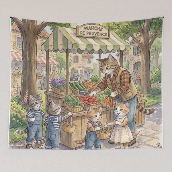Item preview, Watercolor illustration of a rustic market with cute cats in a cozy style designed and sold by TheCoolCatsMx.