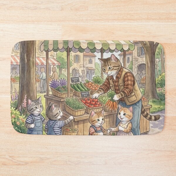 Item preview, Watercolor illustration of a rustic market with cute cats in a cozy style designed and sold by TheCoolCatsMx.