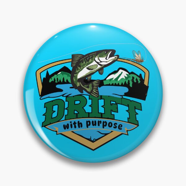 Item preview, Fly fishing illustration, logo style, text "Drift, with purpose". designed and sold by Art-Horizon.