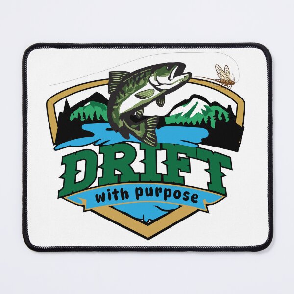Item preview, Fly fishing illustration, logo style, text "Drift, with purpose". designed and sold by Art-Horizon.