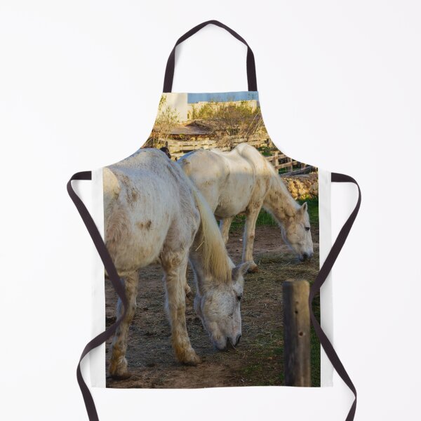 Item preview, White Horses Grazing In Rustic Farm Paddock At Sunset With Wooden Fence And Stable designed and sold by Nmallia.