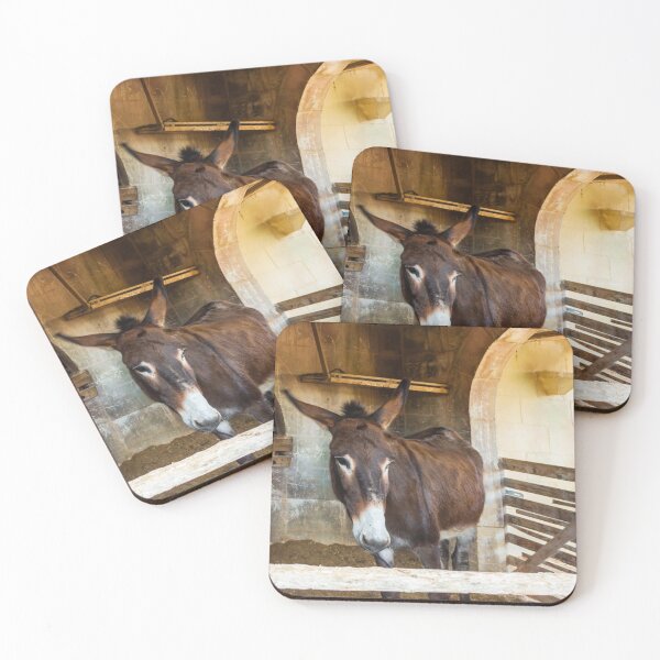 Item preview, Brown Donkey Standing in Rustic Barn Stall With Wooden Fence and Arched Stone Wall designed and sold by Nmallia.