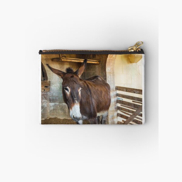 Item preview, Brown Donkey Standing in Rustic Barn Stall With Wooden Fence and Arched Stone Wall designed and sold by Nmallia.