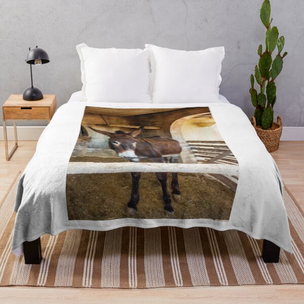 Item preview, Brown Donkey Standing in Rustic Barn Stall With Wooden Fence and Arched Stone Wall designed and sold by Nmallia.