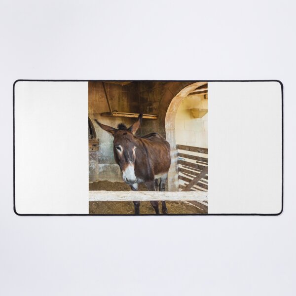 Item preview, Brown Donkey Standing in Rustic Barn Stall With Wooden Fence and Arched Stone Wall designed and sold by Nmallia.