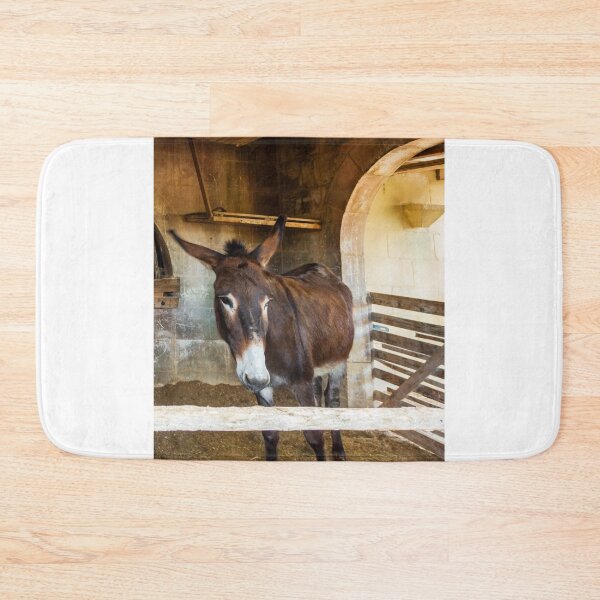 Item preview, Brown Donkey Standing in Rustic Barn Stall With Wooden Fence and Arched Stone Wall designed and sold by Nmallia.
