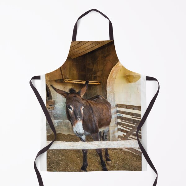 Item preview, Brown Donkey Standing in Rustic Barn Stall With Wooden Fence and Arched Stone Wall designed and sold by Nmallia.