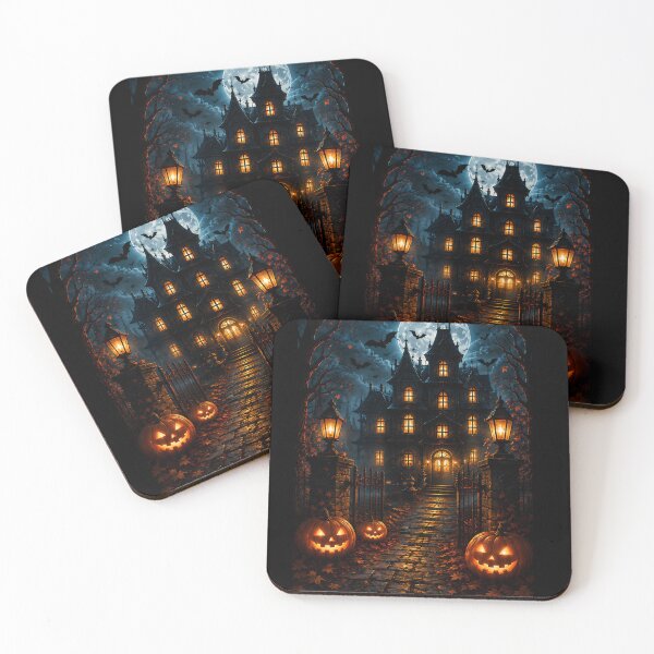 Item preview, Spooky Gothic Haunted House on Halloween Night with Full Moon and Carved Pumpkins designed and sold by Dreamy Armine Art.