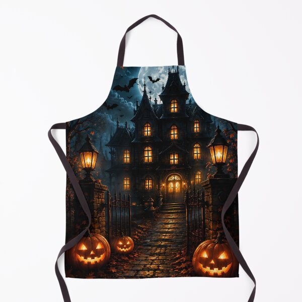 Item preview, Spooky Gothic Haunted House on Halloween Night with Full Moon and Carved Pumpkins designed and sold by Dreamy Armine Art.