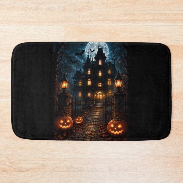 Item preview, Spooky Gothic Haunted House on Halloween Night with Full Moon and Carved Pumpkins designed and sold by Dreamy Armine Art.