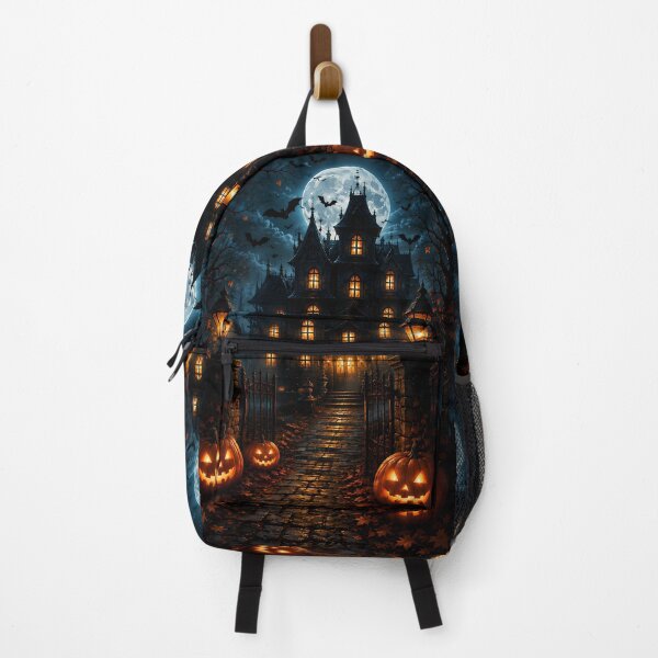 Item preview, Spooky Gothic Haunted House on Halloween Night with Full Moon and Carved Pumpkins designed and sold by Dreamy Armine Art.