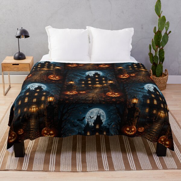 Item preview, Spooky Gothic Haunted House on Halloween Night with Full Moon and Carved Pumpkins designed and sold by Dreamy Armine Art.