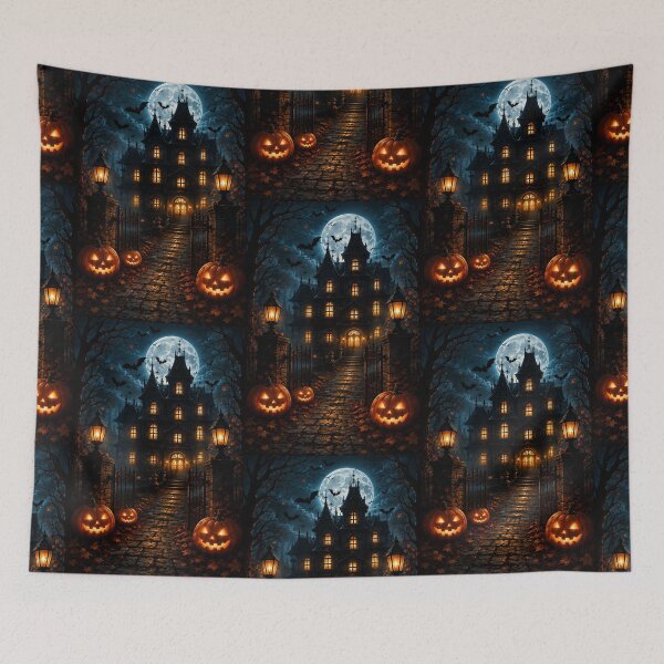 Item preview, Spooky Gothic Haunted House on Halloween Night with Full Moon and Carved Pumpkins designed and sold by Dreamy Armine Art.