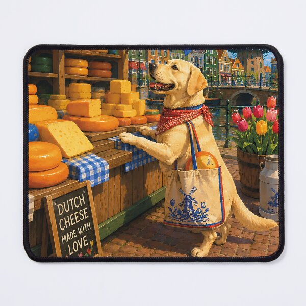Item preview, Labrador buying cheese at a Dutch market. designed and sold by Nomad-Paws.