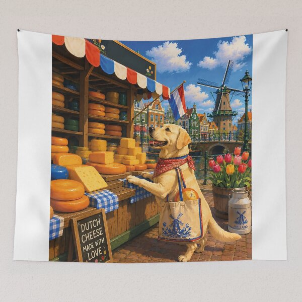 Item preview, Labrador buying cheese at a Dutch market. designed and sold by Nomad-Paws.