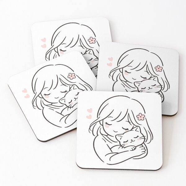 Item preview, Girl Hugging Cat Line Art Illustration designed and sold by NakottaFashion.