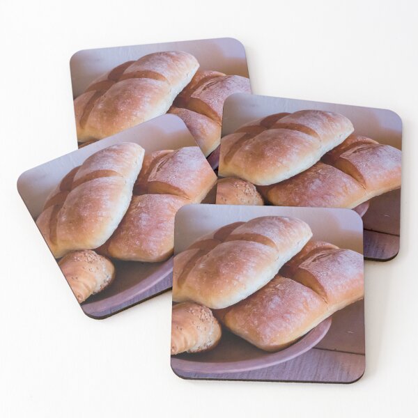 Item preview, Fresh Rustic Bread Rolls and Baked Loaves on Clay Plate in Warm Kitchen Light designed and sold by Nmallia.