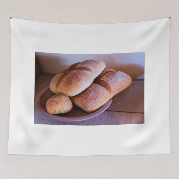 Item preview, Fresh Rustic Bread Rolls and Baked Loaves on Clay Plate in Warm Kitchen Light designed and sold by Nmallia.