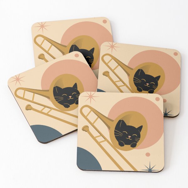 Item preview, Black Cat in Trombone Art Print | Whimsical Jazz Cat Print | Mid-Century Modern Music Art | Cute Minimalist Cat Illustration designed and sold by Studio pod Burom.