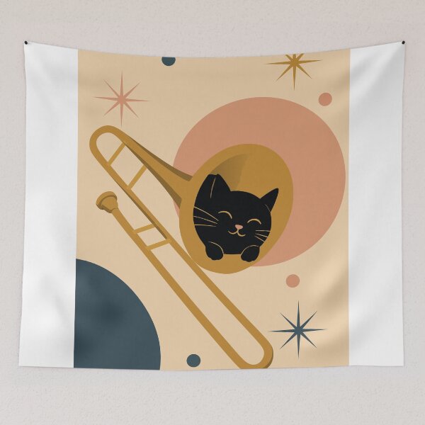 Item preview, Black Cat in Trombone Art Print | Whimsical Jazz Cat Print | Mid-Century Modern Music Art | Cute Minimalist Cat Illustration designed and sold by Studio pod Burom.